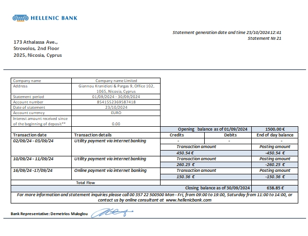 Chypre Banque hellénique relevé bancaire d'affaires scr